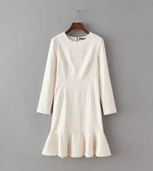 Trendy Dobby flower Ruffles Dress Women Embossing Long sleeve Mid long Fishtail Dresses Slim fit Tops femme 4 colors