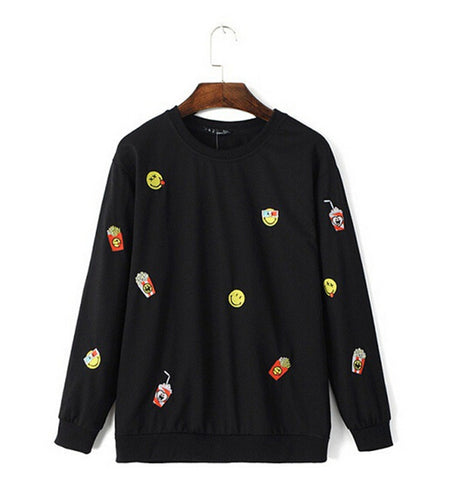 Trendy Embroidery Smile Face & Fries O neck Pullover Sweatshirt Women's Loose Sweatshirt Casual Jumper Hoodies Sweats Tops