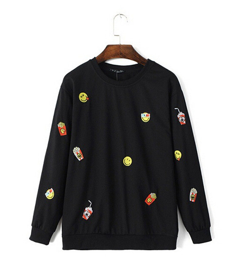 Trendy Embroidery Smile Face & Fries O neck Pullover Sweatshirt Women's Loose Sweatshirt Casual Jumper Hoodies Sweats Tops