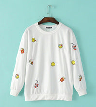 Trendy Embroidery Smile Face & Fries O neck Pullover Sweatshirt Women's Loose Sweatshirt Casual Jumper Hoodies Sweats Tops