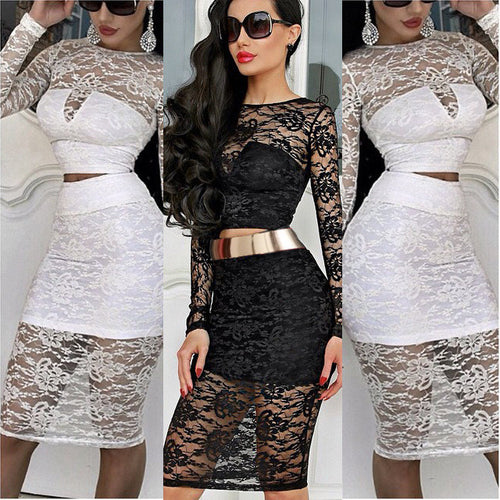 Vestido De Renda Women Lace Patchwork 2 Piece Bodycon Bandage Dresses Set Sexy Long Sleeve Novelty Dress Evening Party Dress
