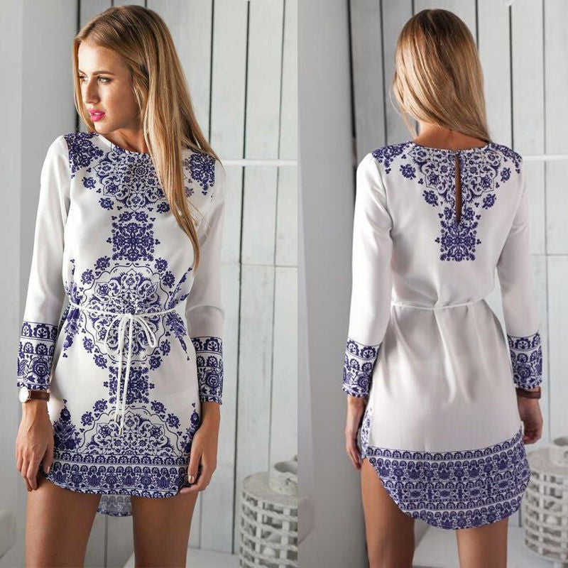 Vestidos Women Casual Floral Print Long Sleeve O-neck Women Dress Beach Outfits Mini Dress J3141