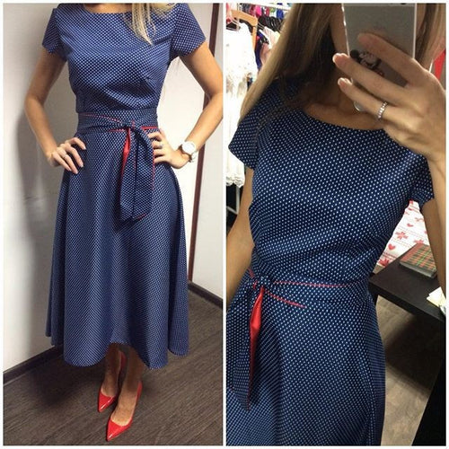 Vestidos Women Dress Women Vintage Retro Polka Dot Dress Short Sleeve Casual Elegant Dark Blue Dress With Belt GV173