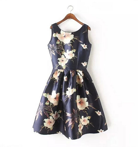 Vintage 60's Hepburn Floral Print O-neck Sleeveless Ball gown Dress Women Stain Sleeveless Flared Swing Dresses