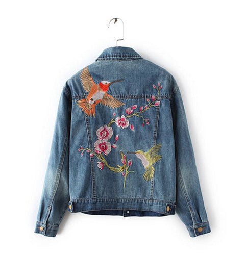 Vintage Back letter Flamingo Bird Embroidery Denim Jacket Women Blue Pockets Buttons Loose Coat Femme Jean Outerwear