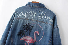 Vintage Back letter Flamingo Bird Embroidery Denim Jacket Women Blue Pockets Buttons Loose Coat Femme Jean Outerwear