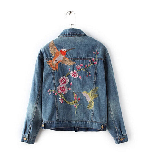 Vintage Back letter Flamingo Bird Embroidery Denim Jacket Women Blue Pockets Buttons Loose Coat Femme Jean Outerwear