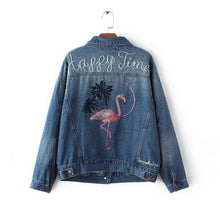 Vintage Back letter Flamingo Bird Embroidery Denim Jacket Women Blue Pockets Buttons Loose Coat Femme Jean Outerwear