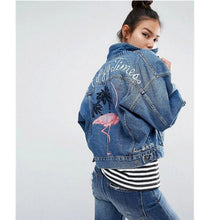 Vintage Back letter Flamingo Bird Embroidery Denim Jacket Women Blue Pockets Buttons Loose Coat Femme Jean Outerwear