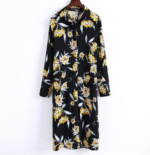 Vintage Black color Colored Flower Print Dress Woman With Sashes Buttons Side Slit Long Sleeve Long Dresses Femme