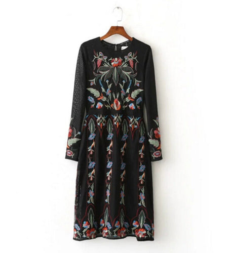 Vintage Black color Mesh Colored Floral Embroidery Dress Woman Double Layer Long sleeve Long Dresses Femme