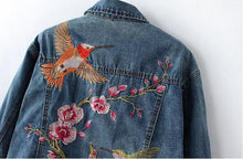 Vintage Blue Pockets Flower Embroidery Denim Jacket Women Buttons Back Bird Embroidery Loose Coat Femme Jean Outerwear