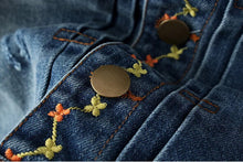 Vintage Blue Pockets Flower Embroidery Denim Jacket Women Buttons Back Bird Embroidery Loose Coat Femme Jean Outerwear