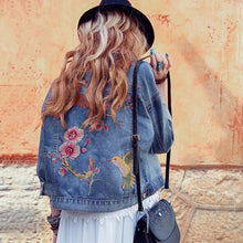 Vintage Blue Pockets Flower Embroidery Denim Jacket Women Buttons Back Bird Embroidery Loose Coat Femme Jean Outerwear