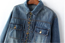 Vintage Blue Pockets Flower Embroidery Denim Jacket Women Buttons Back Bird Embroidery Loose Coat Femme Jean Outerwear