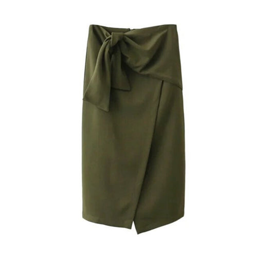 Vintage Bow Asymmetrical Hem Slit Skirt Woman High Waist Mid long Irregular Skirt Femme 2 color