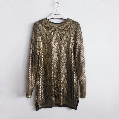 Vintage Bronzing Golden Color Mid Long Sweater Retro Cable Twist Knit Ribbed Panel Jumper Vintage Women's Knitwear Tops Gold