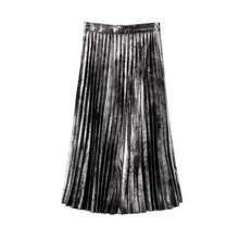 Vintage Bronzing Golden Sliver Midi Pleated Skirt Woman High Waist A line Skater Long Swing Skirts