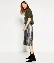 Vintage Bronzing Golden Sliver Midi Pleated Skirt Woman High Waist A line Skater Long Swing Skirts