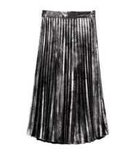 Vintage Bronzing Golden Sliver Midi Pleated Skirt Woman High Waist A line Skater Long Swing Skirts