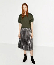 Vintage Bronzing Golden Sliver Midi Pleated Skirt Woman High Waist A line Skater Long Swing Skirts