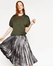 Vintage Bronzing Golden Sliver Midi Pleated Skirt Woman High Waist A line Skater Long Swing Skirts