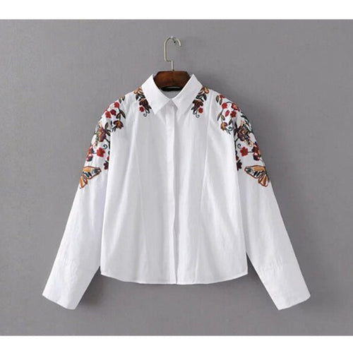 Vintage Colored Flower Embroidery Shirt Woman Lapel long sleeve White Blouse Tops Poplin blusas chemise femme blusa
