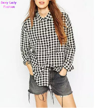 Vintage Contrast Black White Plaid Print Mid Long Shirt Women's Lapel Long sleeve Casual Shirt Blouse Tops