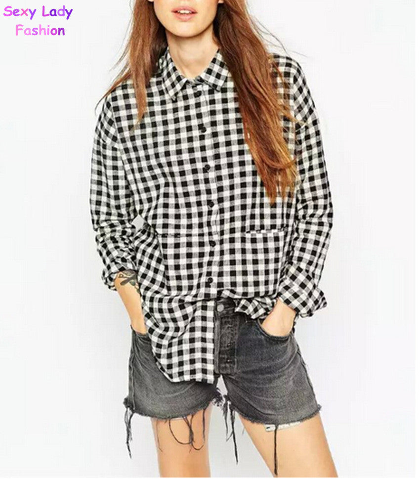 Vintage Contrast Black White Plaid Print Mid Long Shirt Women's Lapel Long sleeve Casual Shirt Blouse Tops