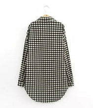 Vintage Contrast Black White Plaid Print Mid Long Shirt Women's Lapel Long sleeve Casual Shirt Blouse Tops