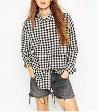 Vintage Contrast Black White Plaid Print Mid Long Shirt Women's Lapel Long sleeve Casual Shirt Blouse Tops