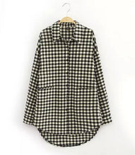 Vintage Contrast Black White Plaid Print Mid Long Shirt Women's Lapel Long sleeve Casual Shirt Blouse Tops