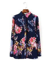 Vintage Contrast Flower Print Shirt Women's Lapel roll-up Long sleeve Slim fit Shirt Blouse Tops