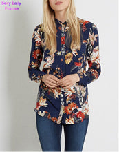 Vintage Contrast Flower Print Shirt Women's Lapel roll-up Long sleeve Slim fit Shirt Blouse Tops