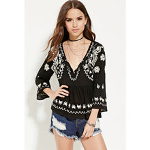 Vintage Flare Sleeve Flower Embroidery Shirt Ethnic Women Buttons O neck Pullover Blouse Femme Loose Tops