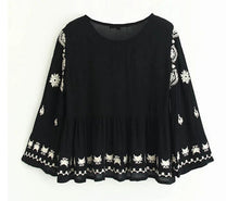 Vintage Flare Sleeve Flower Embroidery Shirt Ethnic Women Buttons O neck Pullover Blouse Femme Loose Tops