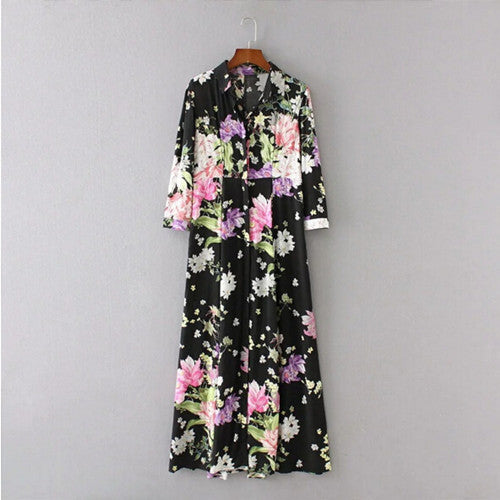 Vintage Half Sleeve Colored Floral print Dress Woman High waist Buttons Cotton Dresses Black