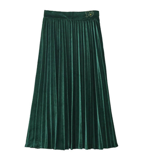Vintage Hepburn Velvet High Waist Midi Pleated Skirt Woman A line Skater Long Swing Skirts