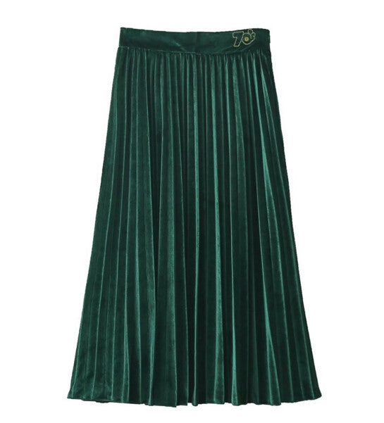 Vintage Hepburn Velvet High Waist Midi Pleated Skirt Woman A line Skater Long Swing Skirts