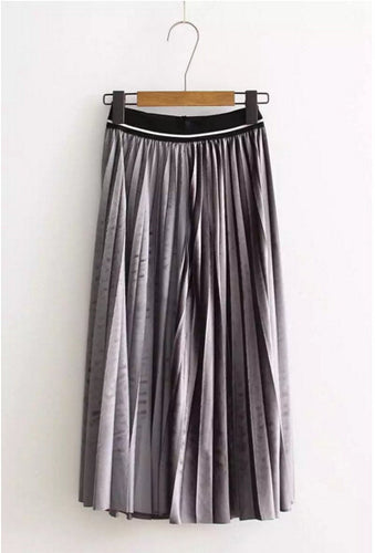 Vintage Hepburn Velvet High Waist Midi Pleated Skirt Woman Spliced Elastic waist A line Skater Long Swing Skirts 5 colors