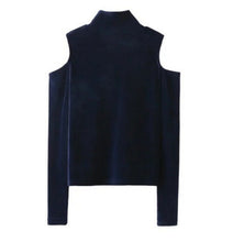 Vintage High neck Off Shoulder Velet T-shirt Women Slim Fit t shirt long sleeve tee Tops