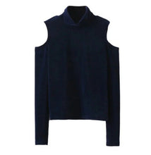 Vintage High neck Off Shoulder Velet T-shirt Women Slim Fit t shirt long sleeve tee Tops