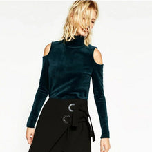 Vintage High neck Off Shoulder Velet T-shirt Women Slim Fit t shirt long sleeve tee Tops