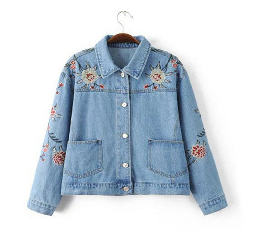 Vintage Light blue Pockets Flower Embroidery Denim Jacket Women Buttons Short Jacket Loose Coat Femme Jean Outerwear