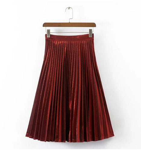 Vintage Metallic color Line Midi Long Pleated Skirt Woman High Waist Gradient A line Skater Swing Skirts 3 colors 73cm