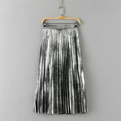 Vintage Metallic color Midi Long Pleated Skirt Woman High Waist Gradient Bronzing Sliver Black A line Skater Swing Skirts