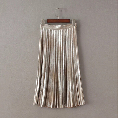 Vintage Metallic color Midi Pleated Skirt Woman High Waist Gradient Bronzing Golden Sliver A line Skater Long Swing Skirts