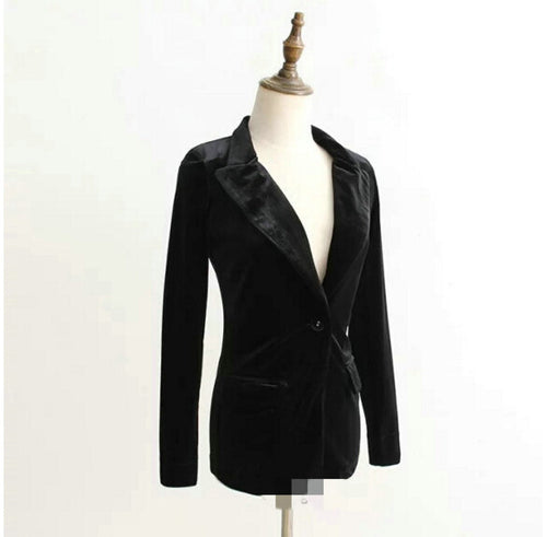 Vintage Notched Slim fit Velour Blazer Woman Solid Color Velvet OL Suit Jacket Coat Outerwear