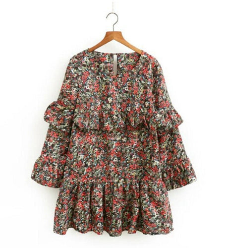 Vintage O neck Floral Print Ruffles Dress Woman Long sleeve Flower Loose Short Dresses Femme