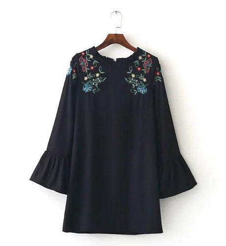 Vintage O neck Flower Embroidery Dress Woman Contrast color Ruffles Long Sleeve Loose blusas Dresses Black